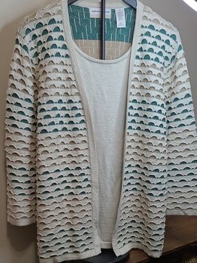 Alfred Dunner Creamy Tan, Gold & Green Top with Cardigan Look Front size 1X